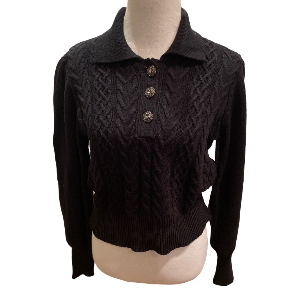 Who What Wear 3D Knit Black Target Pullover w/ 3 Rhinestone Buttons Long Sleeve
